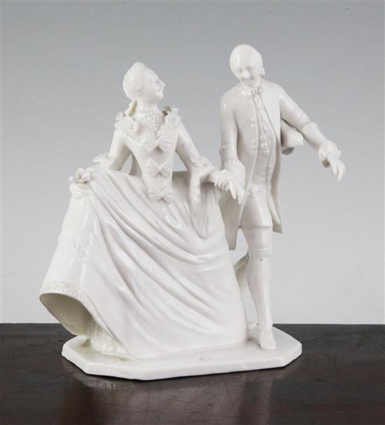 A Nymphenburg white glazed porcelain group of a lady and gentleman, after Bustelli, late 20th century, height 15.5cm (6.1in.)